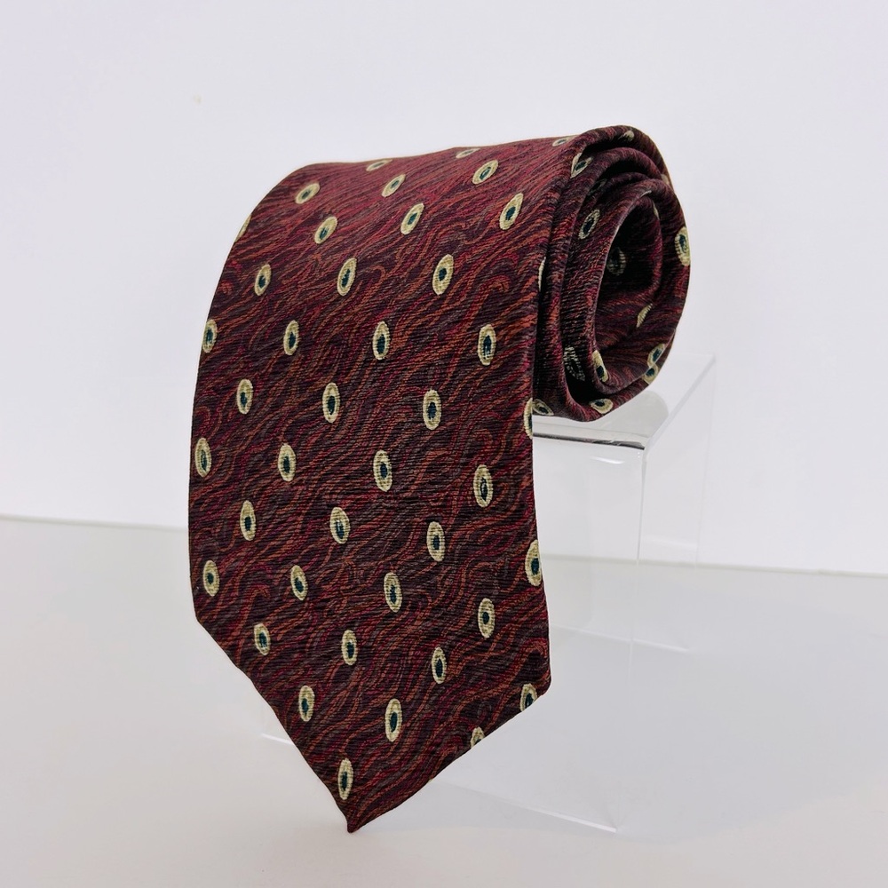 Stafford Executive Necktie Men's Burgundy Tan Dot Geometric Print 100% Silk 58"